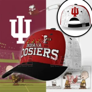 Indiana Hoosiers red baseball cap with embroidered lettering and cartoon football character in promotional scene!