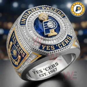 Close up view of an Indiana Pacers ring with a blue center stone bright crystal border and engraved inner band!