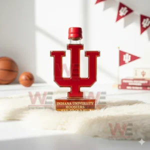Indiana University Hoosiers HaiL To Old IU Whiskey Bottle 7 Indiana University Hoosiers IU shaped whiskey bottle with red cap displayed on white fur in a bright interior!