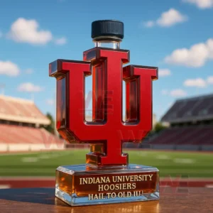 Indiana University Hoosiers Limited-Edition Whiskey Bottle 7 IU letter shaped glass bottle with dark cap on a field background!