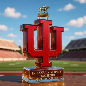 Indiana University Hoosiers Limited-Edition Whiskey Bottle 8 Red IU bottle with horse statue stopper displayed in a football stadium!