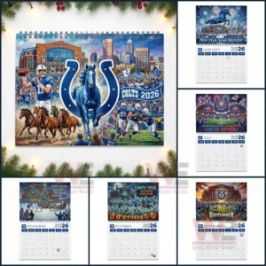 Collage of Indianapolis Colts twenty twenty six calendar including cover art and various themed monthly pages with players fans horses and stadiums!