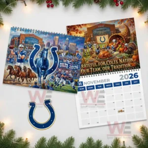Indianapolis Colts 2026 Wall Calendar 8 Indianapolis Colts calendar cover shown next to November harvest themed page with stadium scene and autumn decorations!