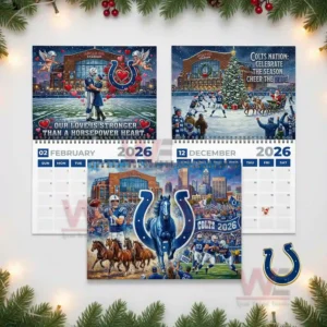 Indianapolis Colts 2026 Wall Calendar 9 February and December pages of Colts calendar shown with cover art including romantic and winter holiday stadium scenes!