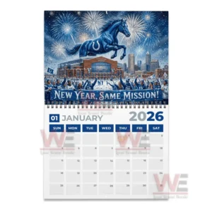 Indianapolis Colts 2026 Wall Calendar 10 January page of Colts twenty twenty six calendar with blue horse fireworks stadium and cheering fans in the snow!