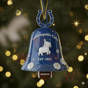 Blue Indianapolis Colts bell ornament with horse logo hanging on a festive tree!