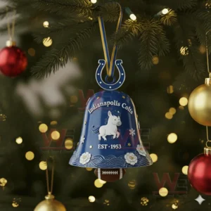Indianapolis Colts blue bell ornament hanging on a Christmas tree with lights!