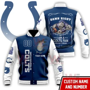 A customizable Indianapolis Colts jacket displaying team logos on the front and a dramatic horse graphic with fan oriented text on the back.