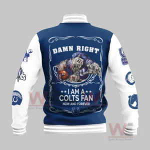 A blue and white Colts jacket back panel showcasing a muscular horse graphic and expressive fan themed typography.
