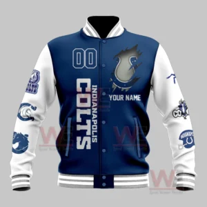 A blue and white Indianapolis Colts jacket decorated with a torn effect horseshoe logo design and multiple team related sleeve patches.