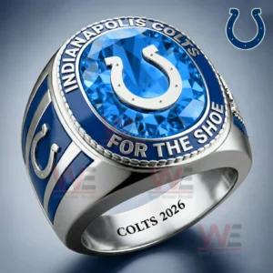 Silver and blue Indianapolis Colts championship ring with a large blue gemstone look center horseshoe emblem and polished team inspired design!