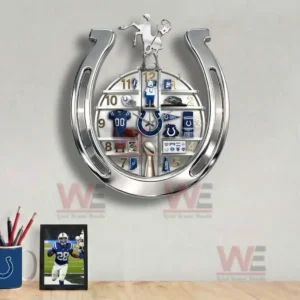 Indianapolis Colts Home Decorative 3D Wall Clock 8 Indianapolis Colts wall clock above a desk with football photo and a clean workspace decor!