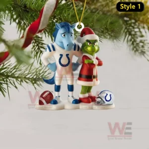 Ornament of Colts mascot and Grinch standing together in holiday attire on a snowy platform!