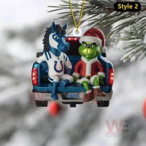 Ornament of Colts mascot and Grinch sitting side by side on a truck tailgate in a holiday setting!