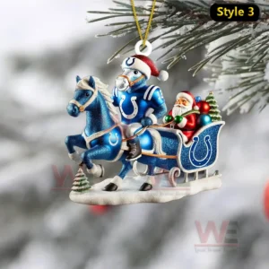 Ornament of Colts mascot on horseback pulling a festive sleigh with Santa and gifts!