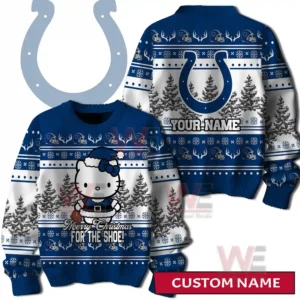 A front and back view of a blue and white holiday sweater featuring a festive character winter trees decorative patterns and a large horseshoe emblem with customizable name space!