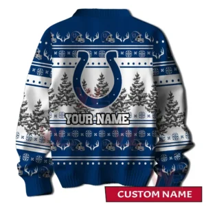 A back view of a blue and white holiday sweater with a large horseshoe emblem customizable name area winter trees and decorative festive patterns!