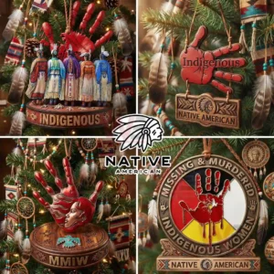 Indigenous themed ornaments with symbolic imagery and detailed craftsmanship hanging among decorated branches on a Christmas tree!