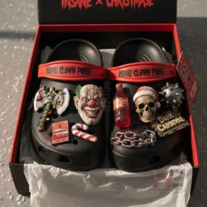 Insane Clown Posse Crocs Clogs with Charm 5 Black carnival themed clogs with clown skull and holiday charms displayed inside a presentation box!