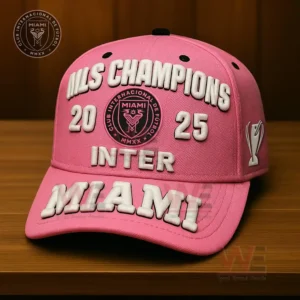 Pink championship baseball cap with embroidered football club logo and celebratory text!