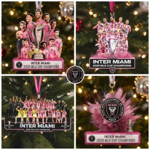 Ornament of Inter Miami players gathered around the MLS Cup trophy hanging on a decorated Christmas tree!