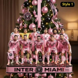 Inter Miami team lineup ornament hanging in front of a Christmas tree!