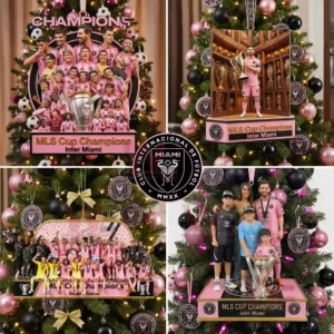 Inter Miami ornament with multiple players surrounding the MLS Cup trophy hanging on a Christmas tree!