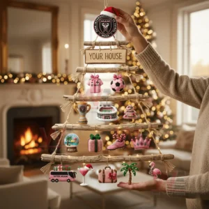 A person holding a rustic wooden branch Christmas wall tree decorated with Inter Miami themed ornaments in a festive living room!