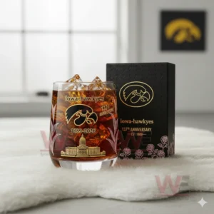 Iowa Hawkeyes 137th anniversary whiskey glass with gold etching and matching box on a white surface.