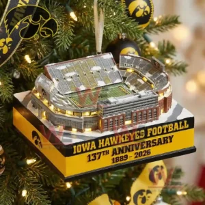 Iowa Hawkeyes football stadium anniversary ornament hanging on a Christmas tree surrounded by Hawkeyes themed decorations!