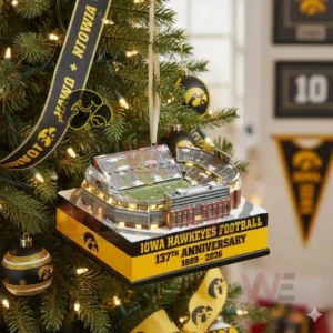 Iowa Hawkeyes football stadium anniversary ornament displayed on a Christmas tree with Hawkeyes themed decor!
