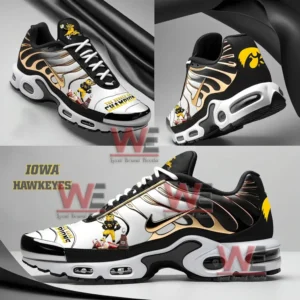 Black white and gold Iowa Hawkeyes sneakers with mascot graphics and championship themed artwork.
