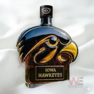 Iowa Hawkeyes Whiskey Bottle 7 Black and gold Iowa Hawkeyes hawk shaped bottle on a smooth white background!