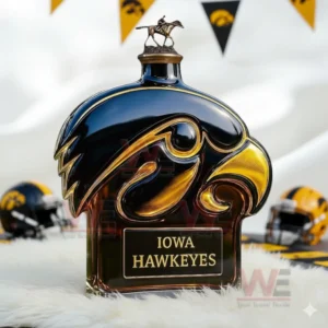 Iowa Hawkeyes Whiskey Bottle 9 Iowa Hawkeyes hawk shaped bottle with horse topper on white fur with team helmets and flags!