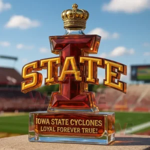 Decorative whiskey bottle with golden lettering and crown cap displayed on a stadium field!