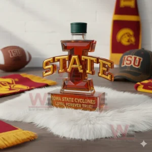 Whiskey bottle shaped like the I State logo placed on white fur with football themed decor!
