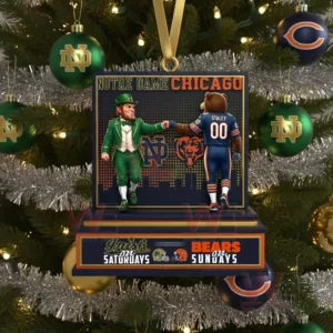A christmas ornament hanging on a tree featuring two mascots facing each other with team themed decorations behind them.