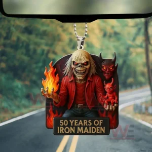 Iron Maiden 50 Years 3D Car Hanging Ornament 5 Rearview mirror ornament featuring Iron Maiden Eddie with red eyes holding a flame and sitting in front of demon figures above a gold plaque reading fifty years of Iron Maiden.