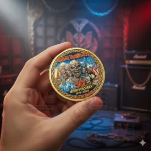 A hand holds a round anniversary coin with detailed artwork set against a blurred concert style background!