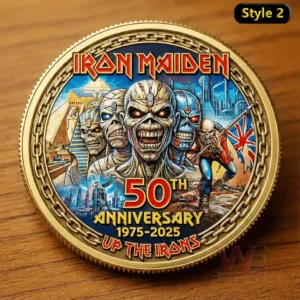 A decorative round coin with multiple illustrated figures and bold colors placed on a wooden surface!