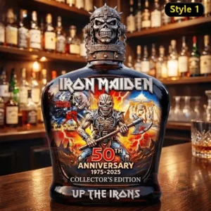 An Iron Maiden themed whiskey bottle standing on a bar counter with shelves of spirits in the background!