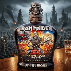 An Iron Maiden anniversary whiskey bottle displayed in front of a fantasy war landscape with lightning and dark towers!