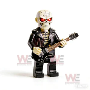 A block figure of a skeleton with red eyes wearing a black jacket and playing a black electric guitar against a white background!
