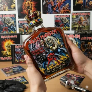 A whiskey decanter with Iron Maiden artwork and a decorative crown stopper is held by hands against a background of band posters!