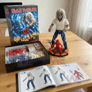 Iron Maiden themed building brick set with assembled figures open box and instruction manual displayed on a table!