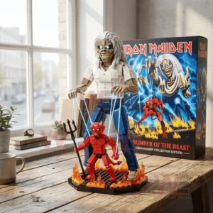 Iron Maiden 50th Anniversary The Number of the Beast Building Brick Set 4 Assembled Iron Maiden brick figure with demon base and collector box displayed indoors near a window!