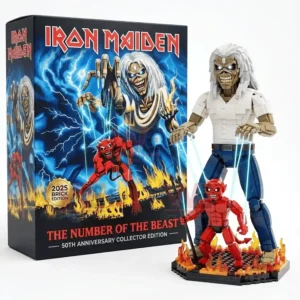 Iron Maiden 50th Anniversary The Number of the Beast Building Brick Set 5 Iron Maiden Number of the Beast brick collector set with figures and box shown on a white background!