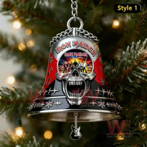 Iron Maiden skull christmas bell ornament hanging from a green christmas tree with warm glowing lights!