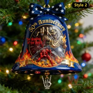 Iron Maiden 50th Anniversary The Number of the Beast Christmas Bell Ornament 3 Iron Maiden themed christmas bell with The Number of the Beast artwork hanging on a decorated tree!
