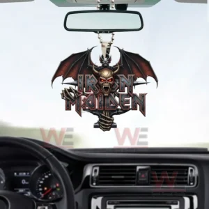 Iron Maiden Custom Skull Batwing 3D Car Ornament 4 Iron Maiden rearview mirror ornament with a horned skull and bat wings hanging in the center of a bright car interior!